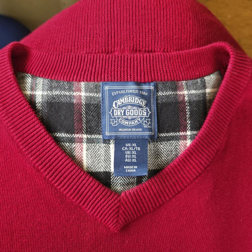 Cambridge Dry Goods Sweater Mens XL Red Knit Pullover V Neck 100% Cotton
